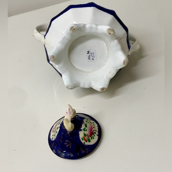 19th Century Vintage Gaudy Welsh Feather Pattern Handled Lidded Sugar Bowl - Picture 9 of 16